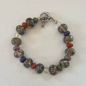 Multicolor Glass Bead Bracelet - Olive Green Mosaic Accent